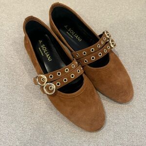 A. Soliani Como 2 Buckle Amaretto Suede 36.5 LIKE NEW W BOX